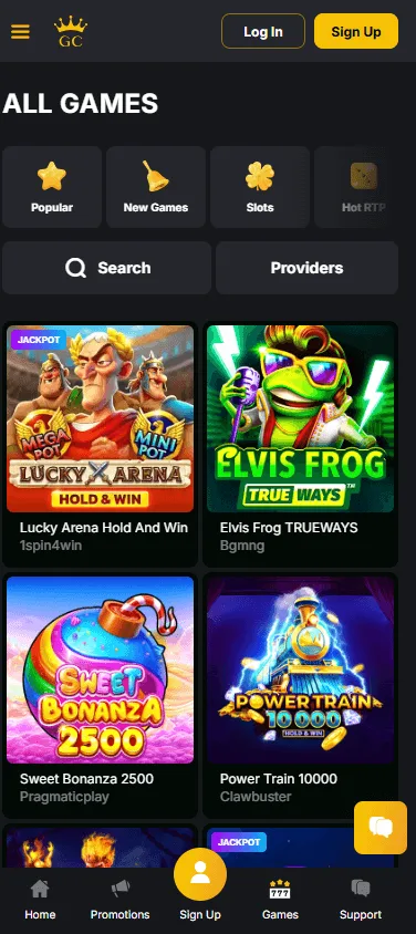 Golden Casino games interface on mobile