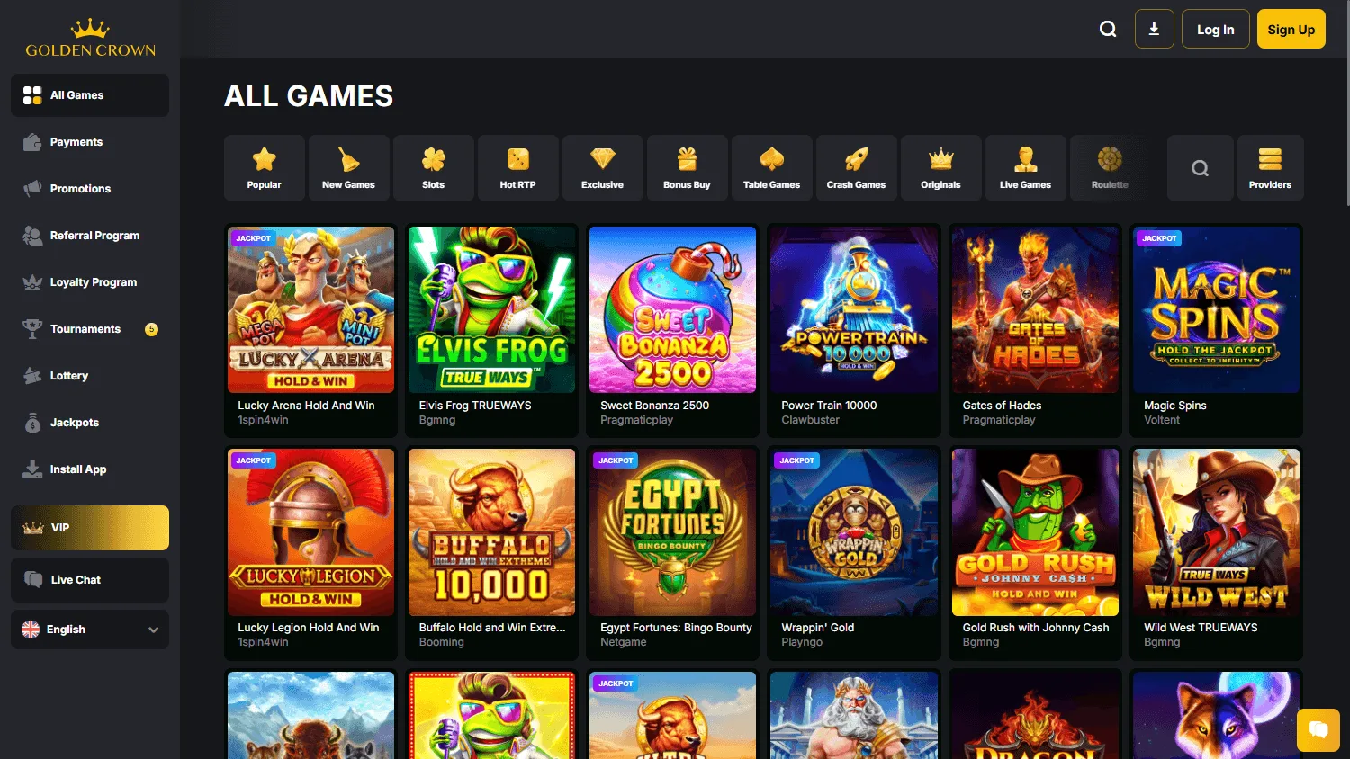 Golden Casino games interface on desktop