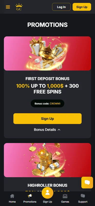 Golden Casino promotions interface on mobile