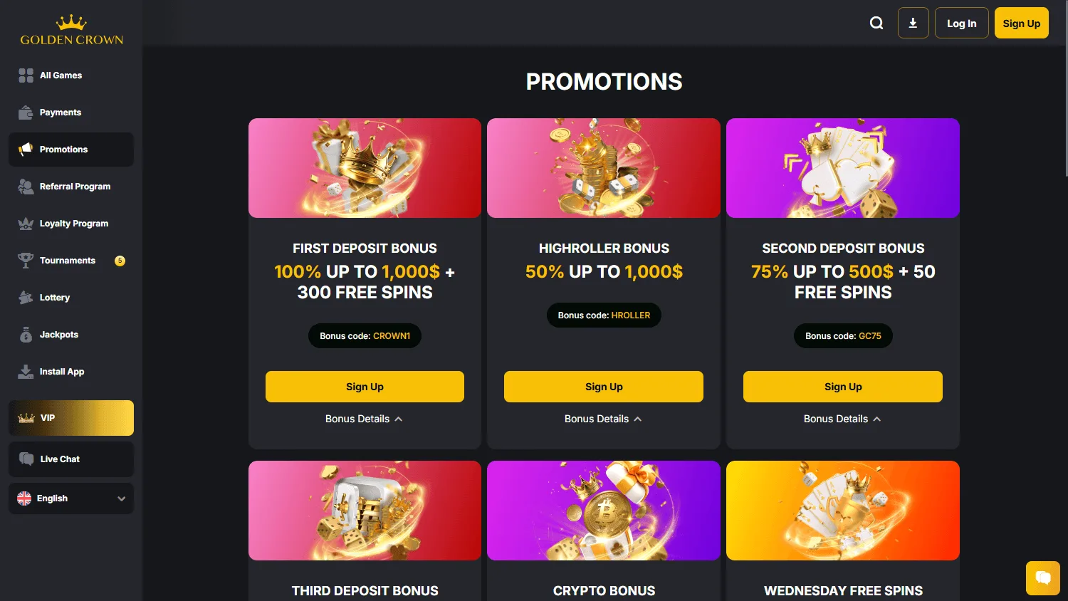 Golden Casino promotions interface on desktop
