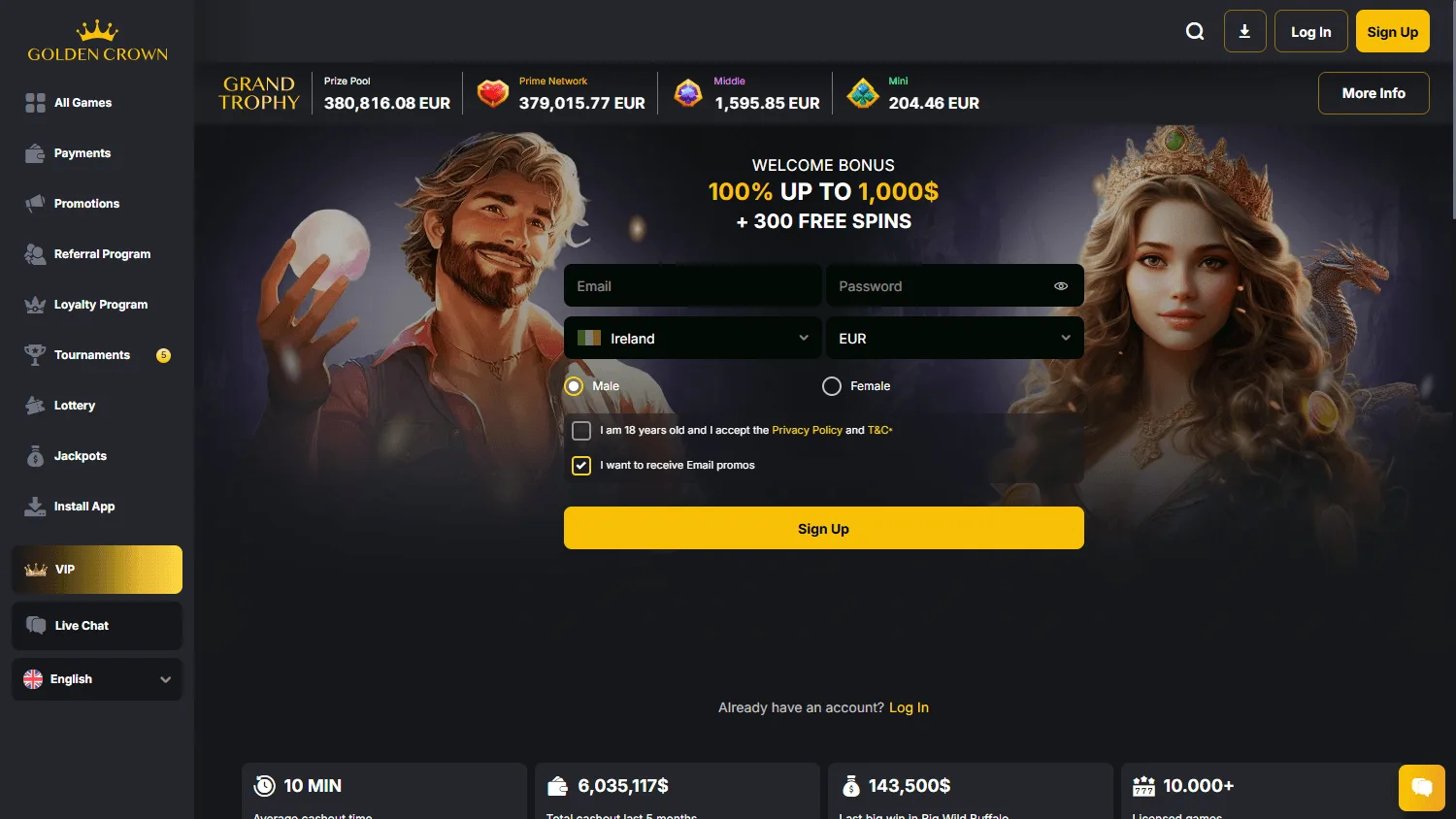 Golden Casino home interface on desktop